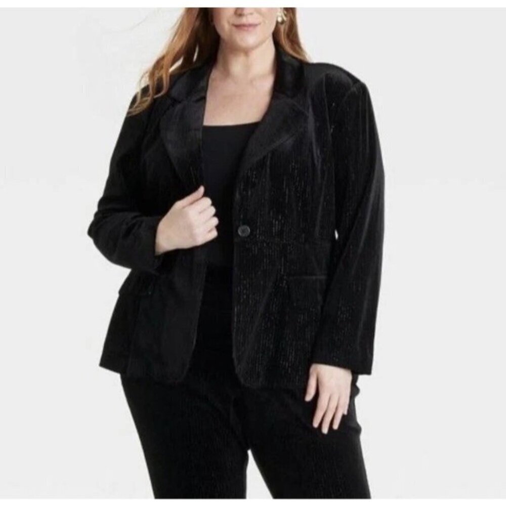 NEW Ava & Viv Women’s 1X Velvet Blazer Metallic Black Pinstripe   J969